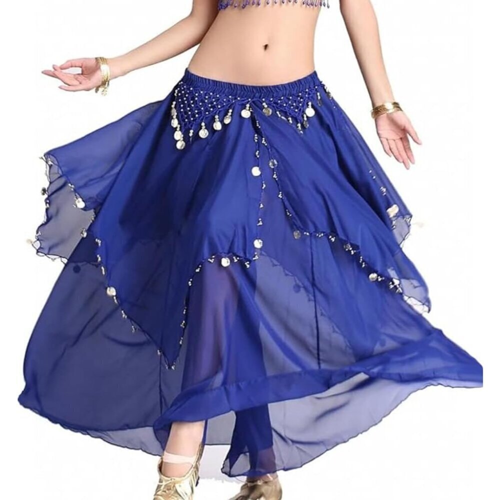 Women's Chiffon Belly Dance Skirt Indian Dance Navy Blue Costume with Coins